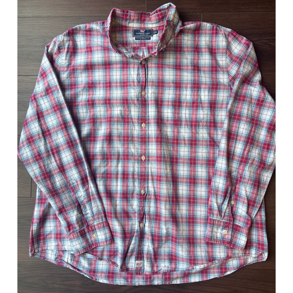 Vineyard Vines Mens XXL Slim Fit Murray Shirt Red Blue Plaid Cotton Button Down